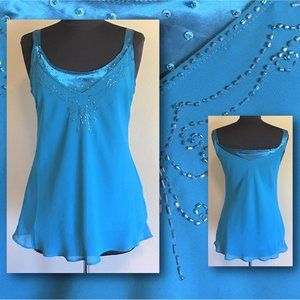 Vibrant blue sequin and bead adorned layered top